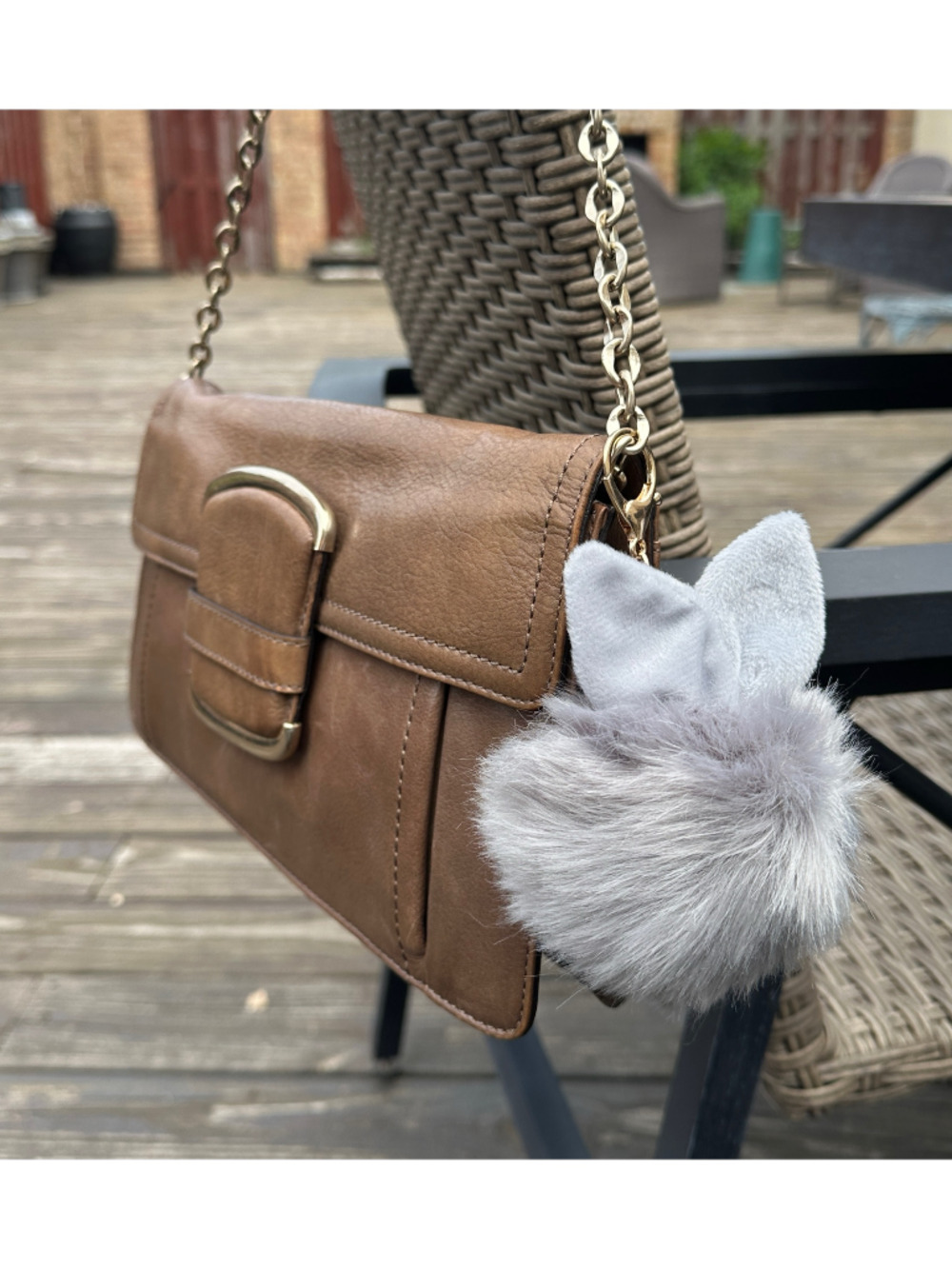 Gray Faux Fur Pom Pom Ears Handbag Charm Key Chain 5.5” Jewelry Accessory